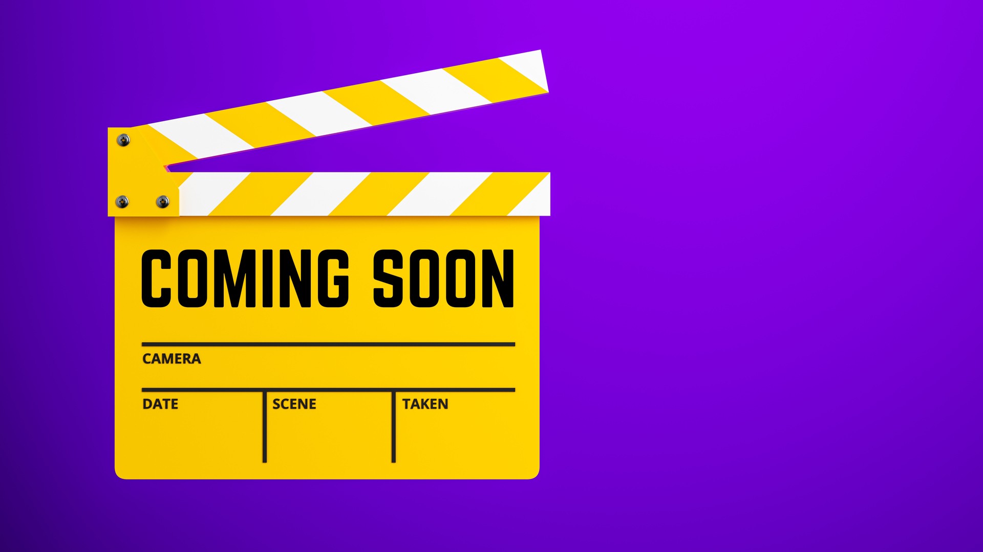Demnächst Ankündigung auf einer gelben Filmschiefertafel mit violettem Hintergrund - 3D-Rendering